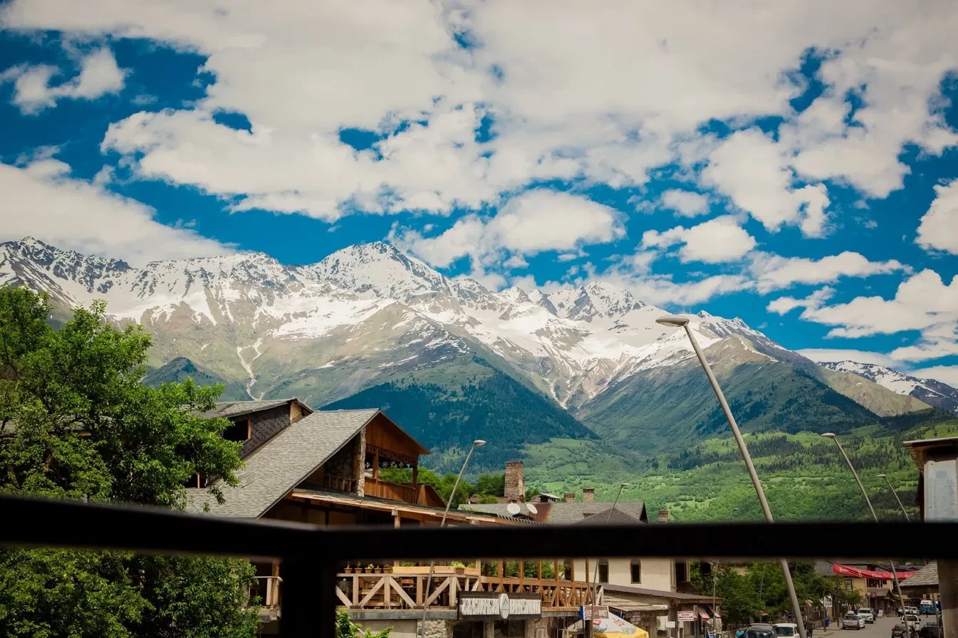 Snow-capped Caucasus peaks seen from the hotel balcony